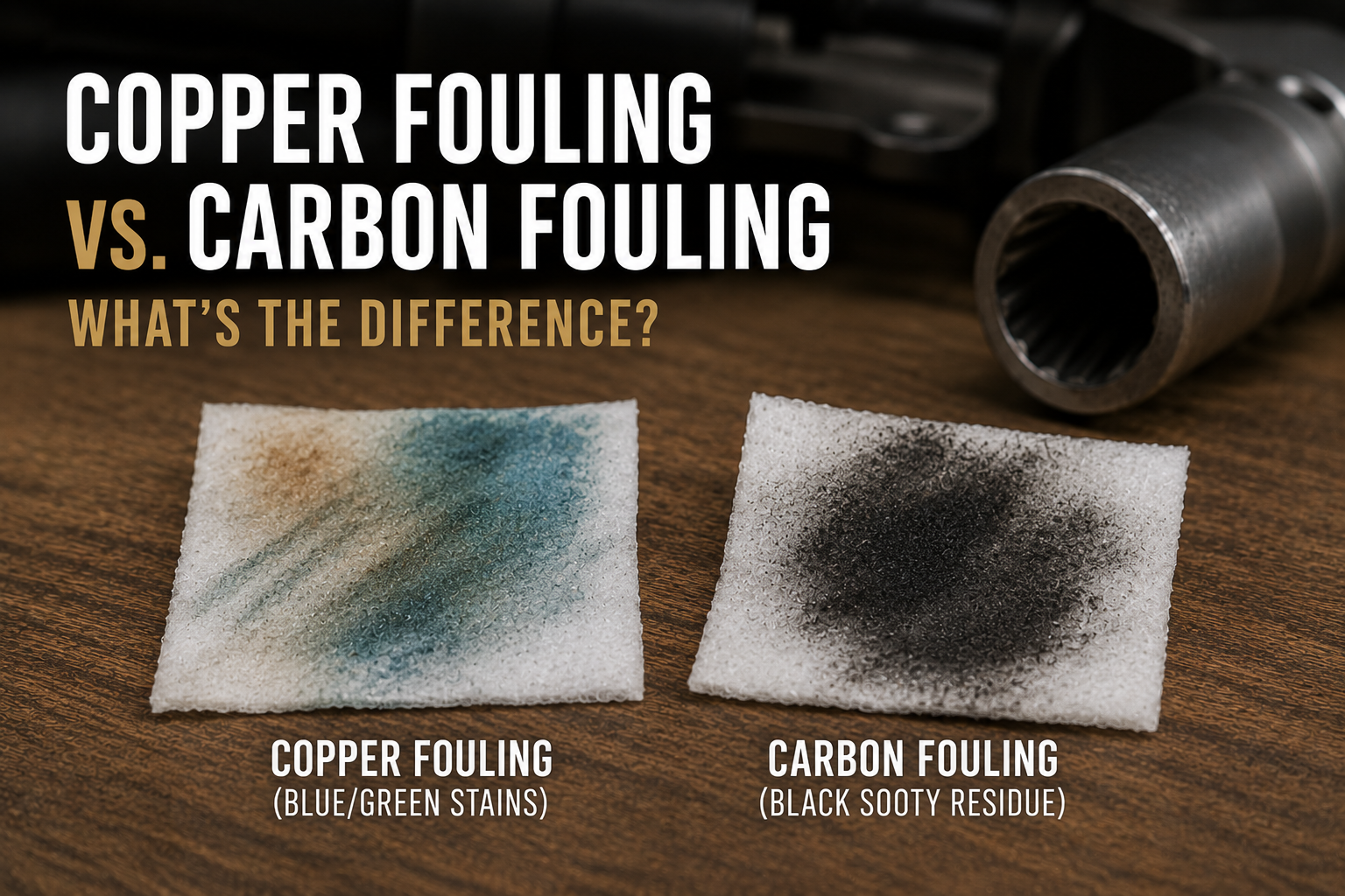 Comparison of copper fouling and carbon fouling on firearm cleaning wipes showing blue-green copper residue and black carbon residue near a firearm barrel.