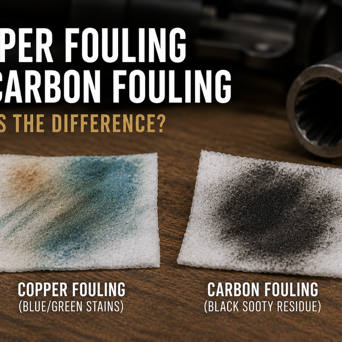 Comparison of copper fouling and carbon fouling on firearm cleaning wipes showing blue-green copper residue and black carbon residue near a firearm barrel.