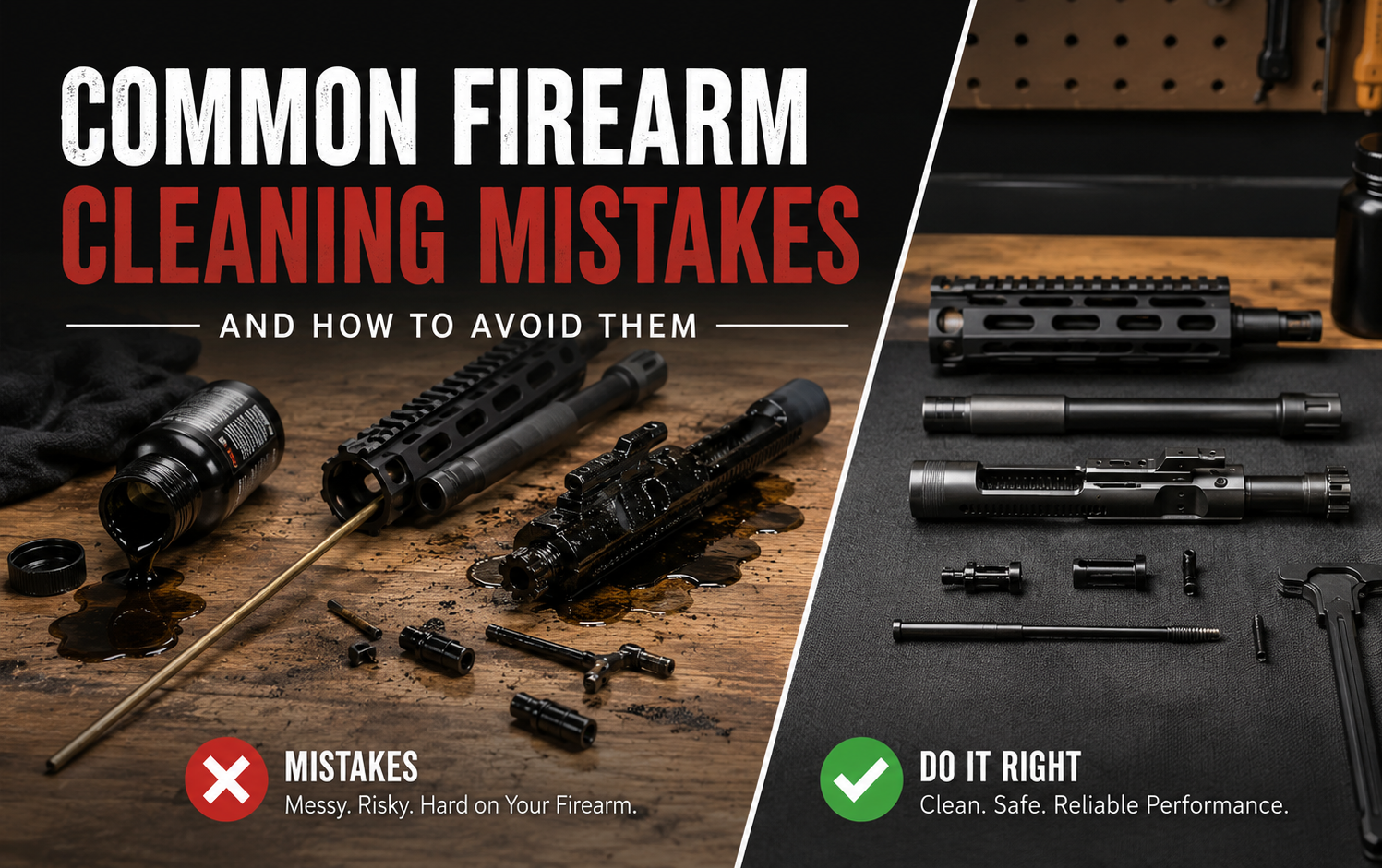 Common firearm cleaning mistakes graphic showing messy over-cleaning versus proper firearm maintenance with disassembled components and cleaning tools.
