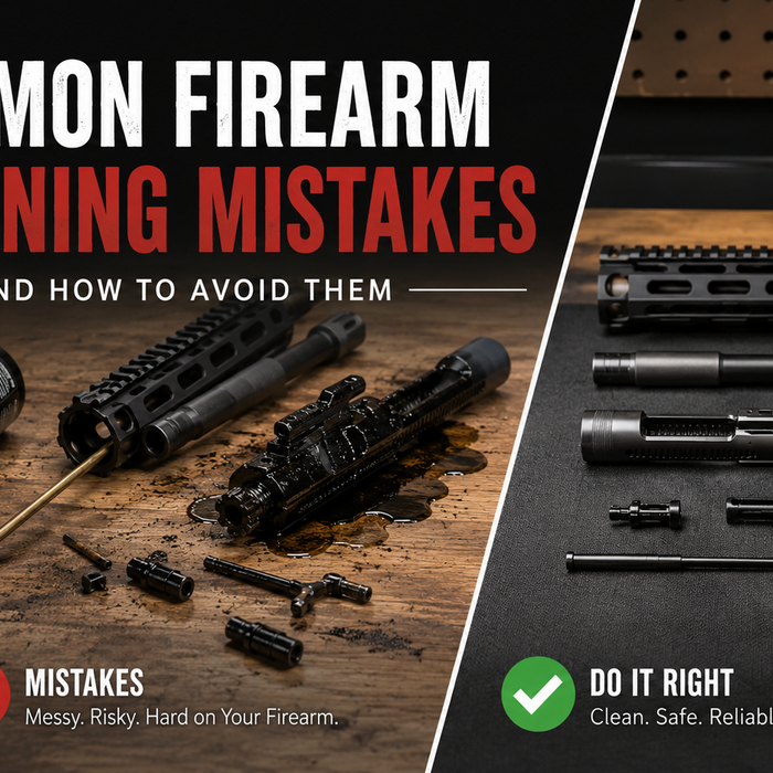 Common firearm cleaning mistakes graphic showing messy over-cleaning versus proper firearm maintenance with disassembled components and cleaning tools.