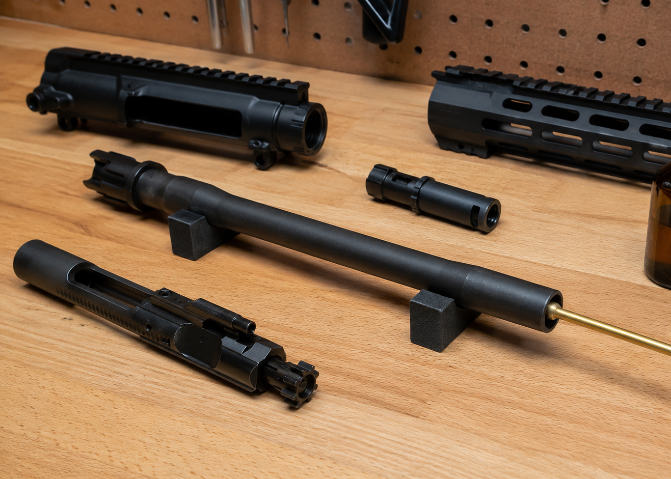 Disassembled rifle barrel and firearm components on a workbench with Bore-tips cleaning tool for proper rifle barrel cleaning and bore maintenance.