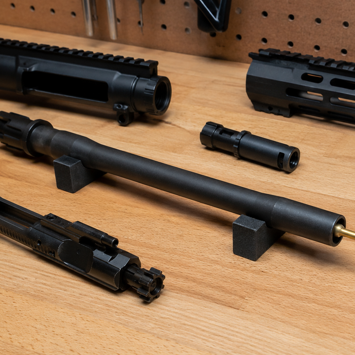Disassembled rifle barrel and firearm components on a workbench with Bore-tips cleaning tool for proper rifle barrel cleaning and bore maintenance.