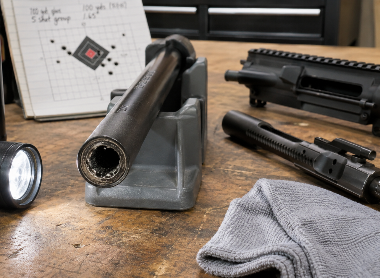 Dirty rifle barrel inspection with disassembled firearm parts and cleaning tools showing signs a barrel needs cleaning.