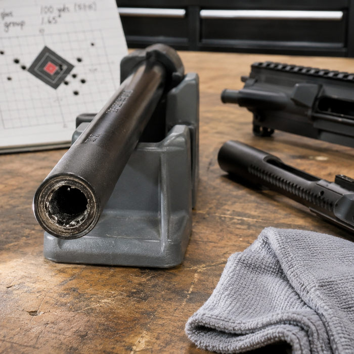Dirty rifle barrel inspection with disassembled firearm parts and cleaning tools showing signs a barrel needs cleaning.