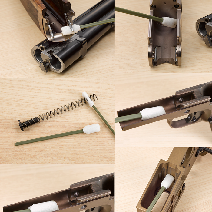 Gun-tips foam swabs cleaning hard-to-reach areas of a handgun, shotgun and AR-style rifle