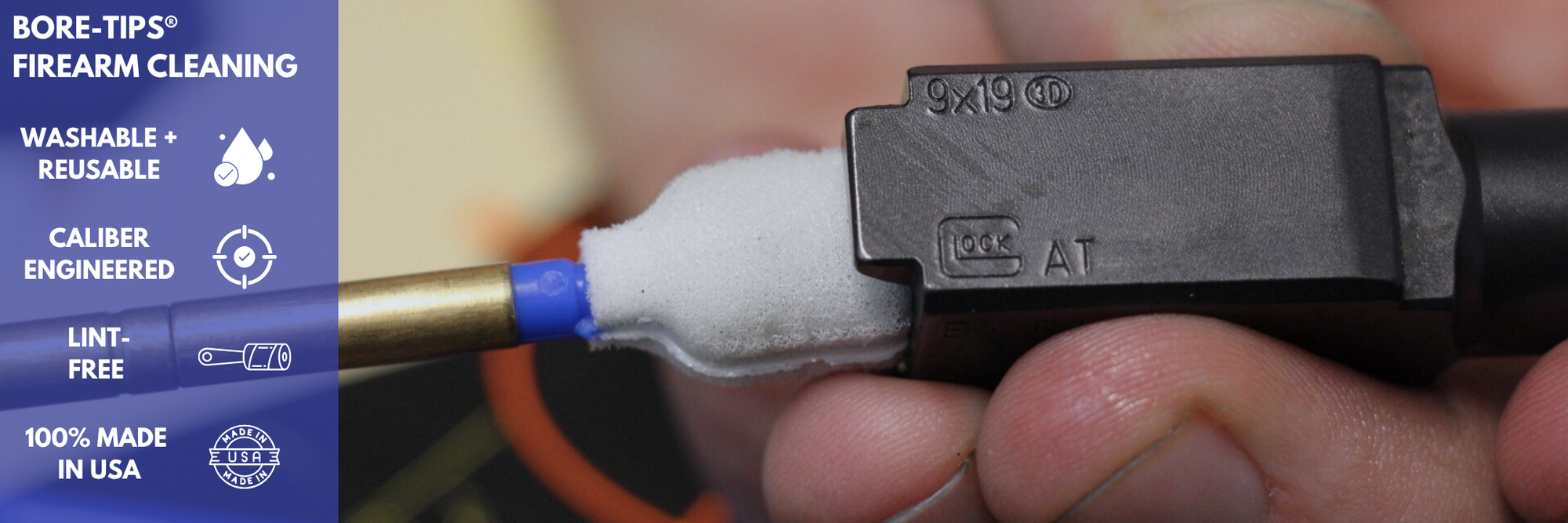 Swab-its firearm cleaning products! Caliber specific tips to clean your firearm. FIt onto an 8/32 cleaning rod and give a perfect 360-degree cleaning!